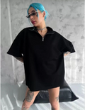 Kadın Yarım Fermuarlı Tişört Düz Oversize T-Shirt - Siyah