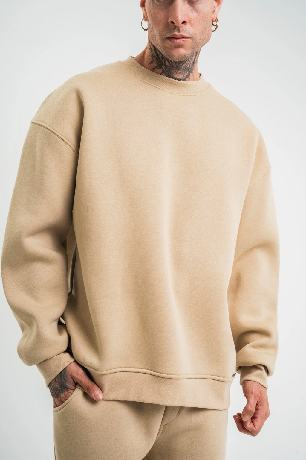 Erkek Uzun Kol Bisiklet Yaka 3 iplik Pamuklu Kışlık SweatShirt  - Bej