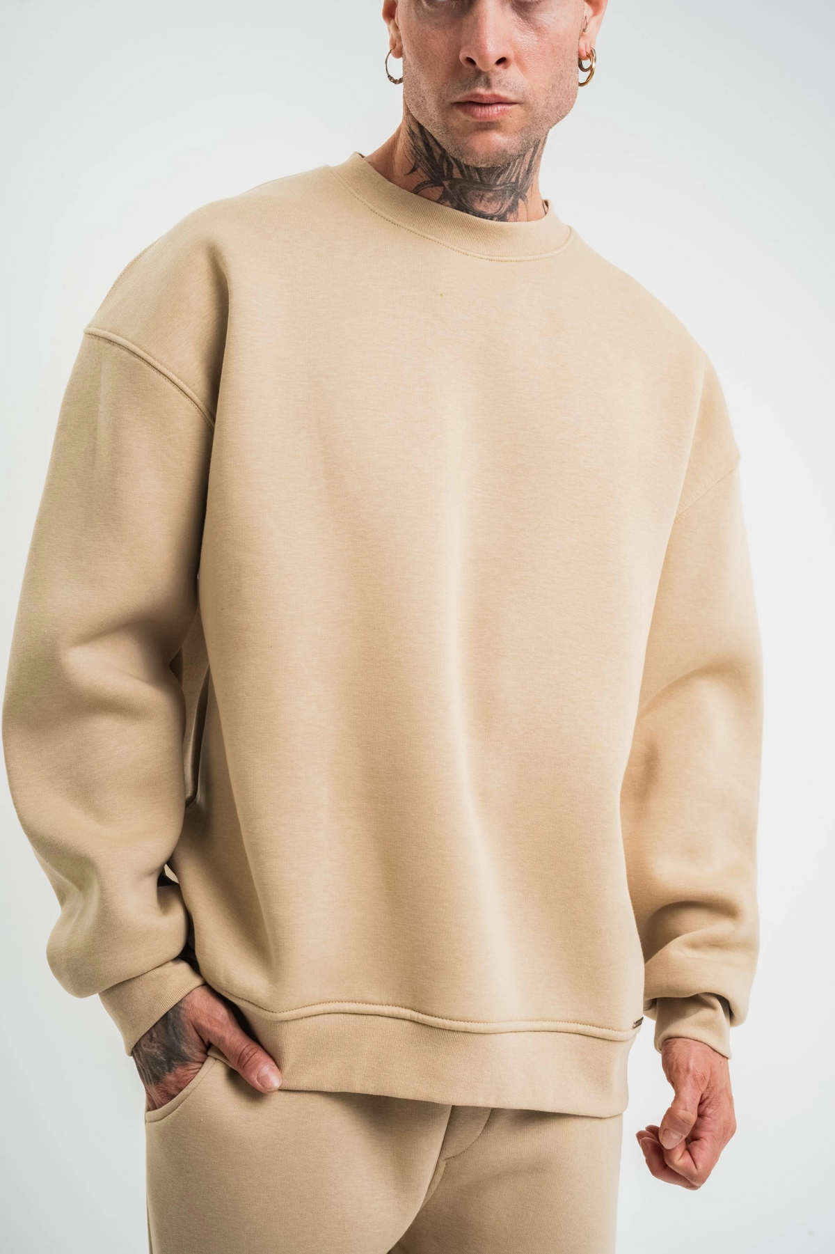 Erkek Uzun Kol Bisiklet Yaka 3 iplik Pamuklu Kışlık SweatShirt  - Bej