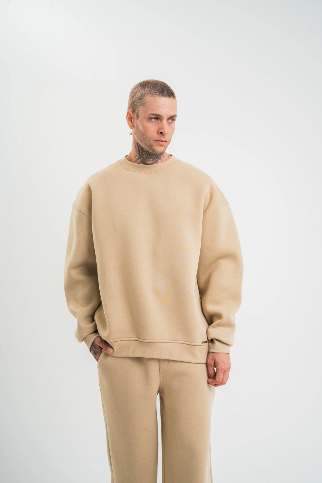 Erkek Uzun Kol Bisiklet Yaka 3 iplik Pamuklu Kışlık SweatShirt  - Bej