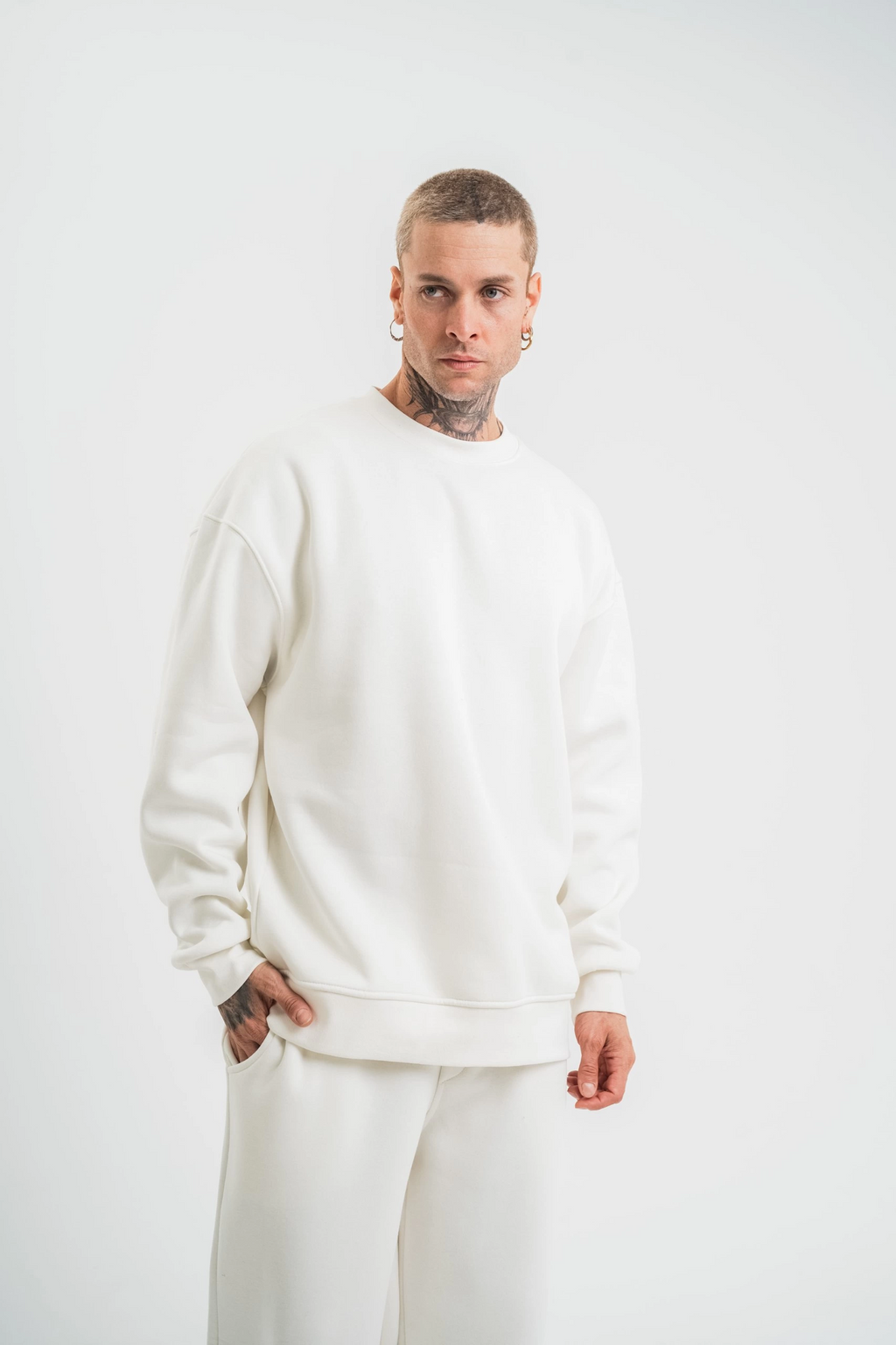 Erkek Uzun Kol Bisiklet Yaka 3 iplik Pamuklu Kışlık SweatShirt  - Beyaz