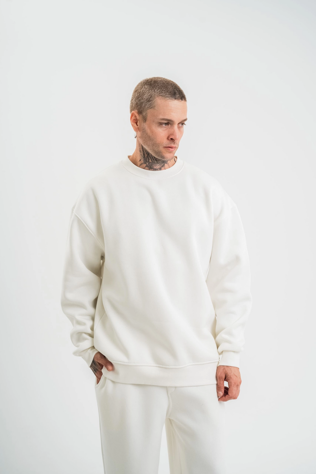 Erkek Uzun Kol Bisiklet Yaka 3 iplik Pamuklu Kışlık SweatShirt  - Beyaz