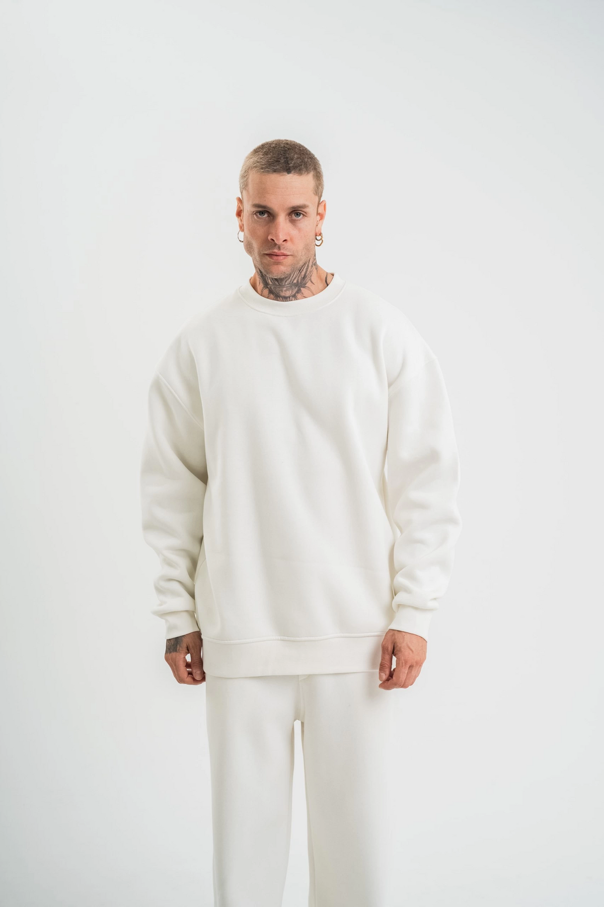 Erkek Uzun Kol Bisiklet Yaka 3 iplik Pamuklu Kışlık SweatShirt  - Beyaz