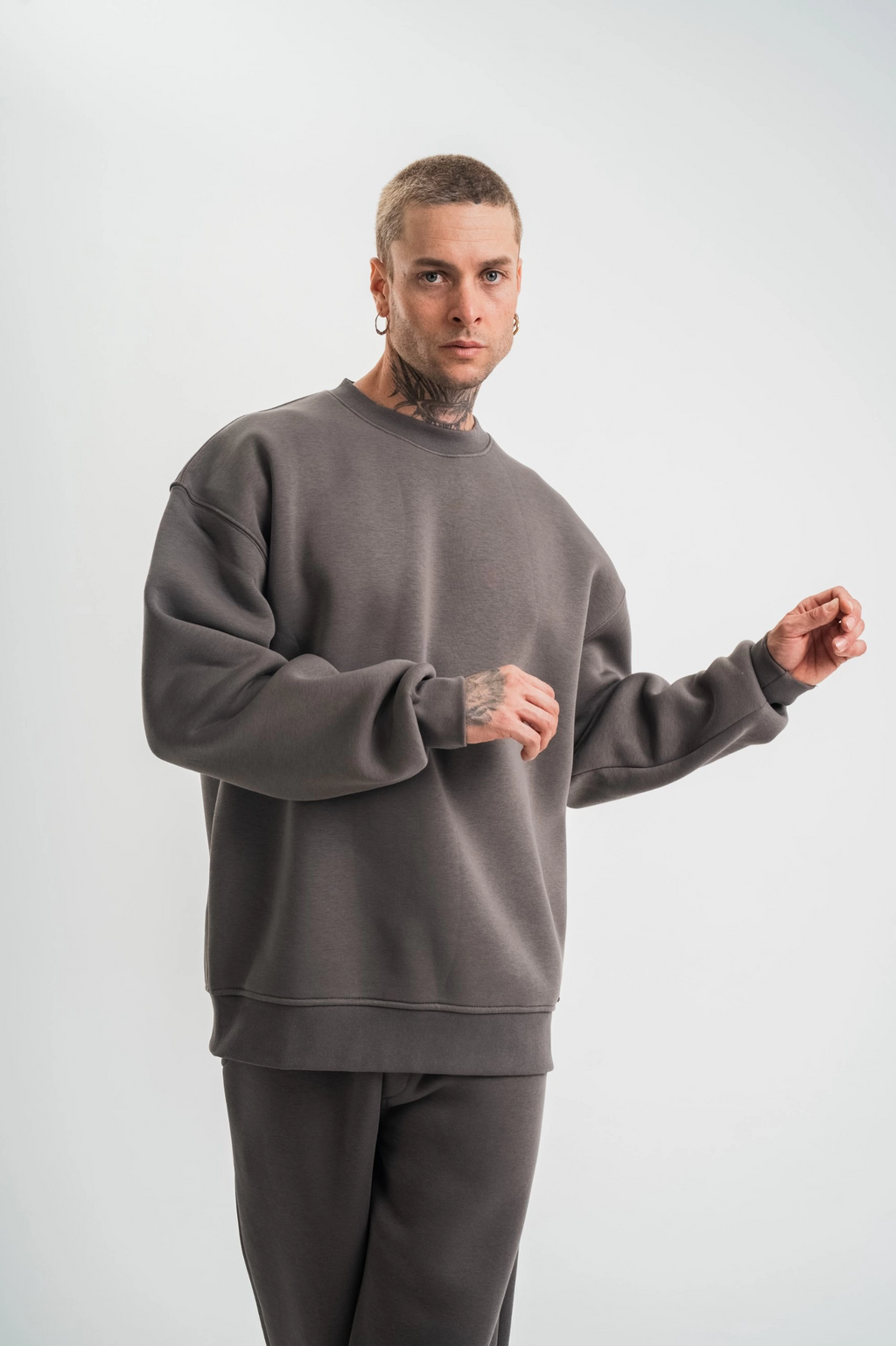 Erkek Uzun Kol Bisiklet Yaka 3 iplik Pamuklu Kışlık SweatShirt  - Füme