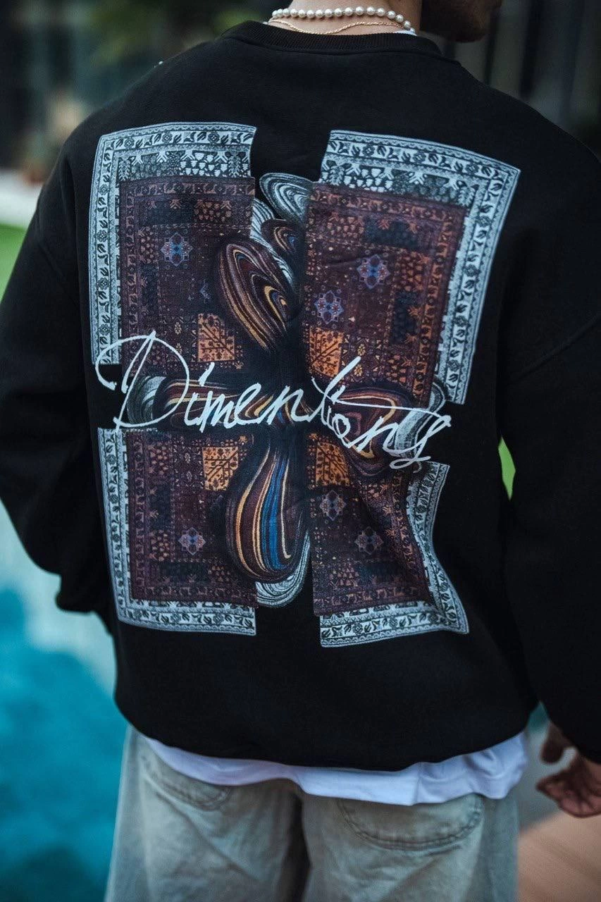 Erkek 3 iplik pamuklu Bisiklet Yaka Ön ve Arka Baskılı SweatShirt - Siyah