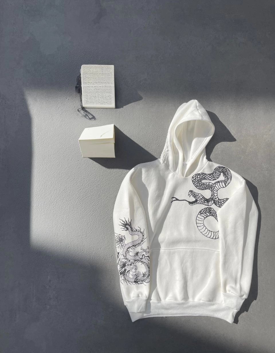 Erkek 3 İplik Pamuklu Kapüşonlu Baskılı Cepli Oversize Sweatshirt Hoodie - Beyaz