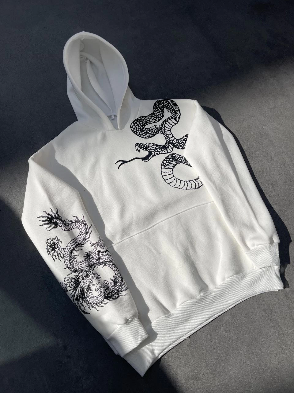 Kadın Oversize Kapüşonlu Kanguru Cepli Baskılı 3 İplik Pamuklu Sweatshirt Hoodie -   Beyaz