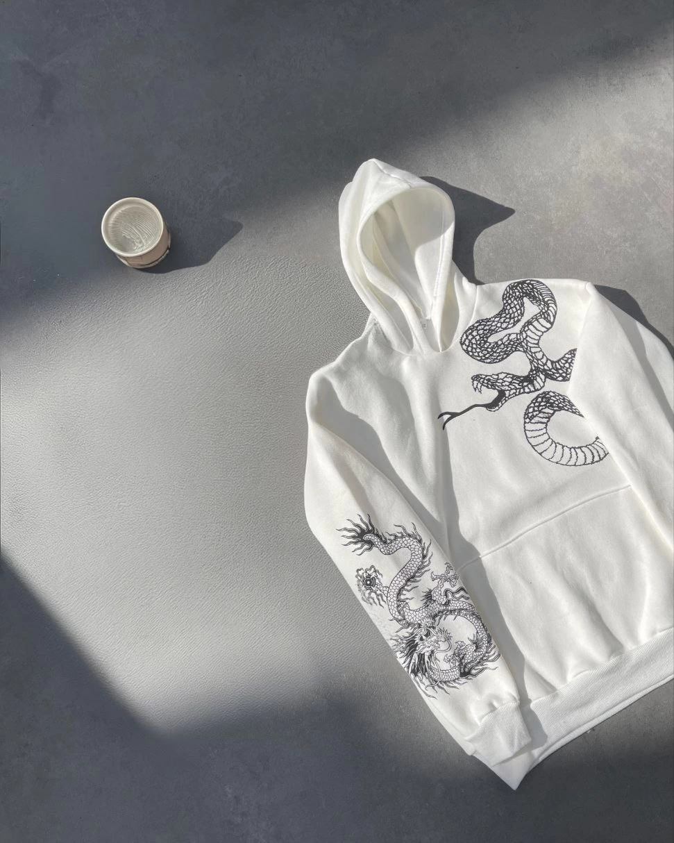 Kadın Oversize Kapüşonlu Kanguru Cepli Baskılı 3 İplik Pamuklu Sweatshirt Hoodie -   Beyaz
