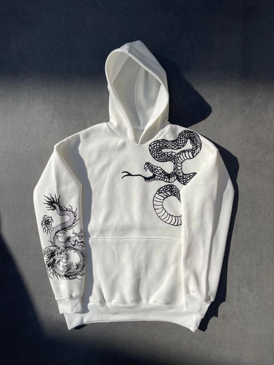 Erkek 3 İplik Pamuklu Kapüşonlu Baskılı Cepli Oversize Sweatshirt Hoodie - Beyaz