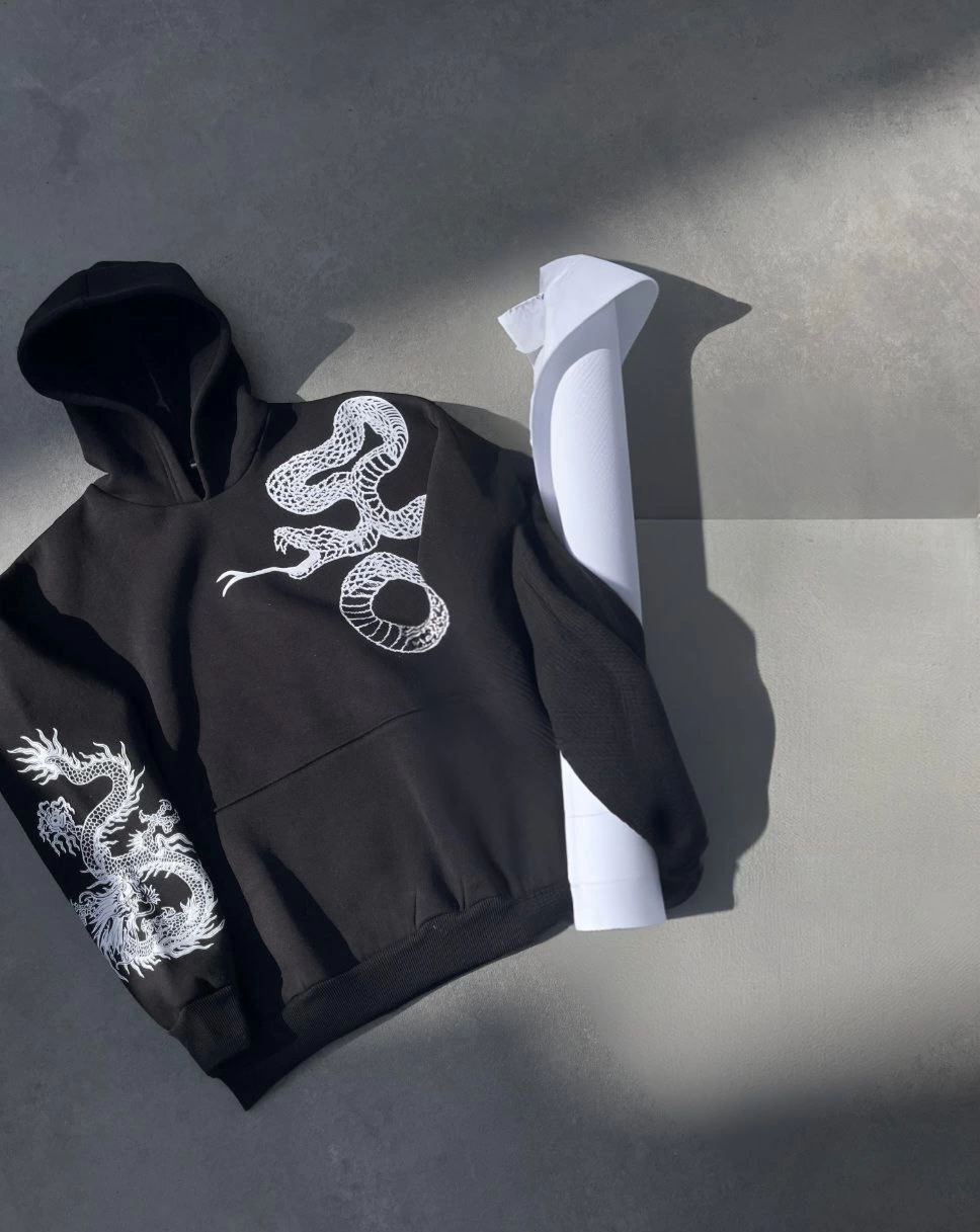 Erkek 3 İplik Pamuklu Kapüşonlu Baskılı Cepli Oversize Sweatshirt Hoodie - Siyah