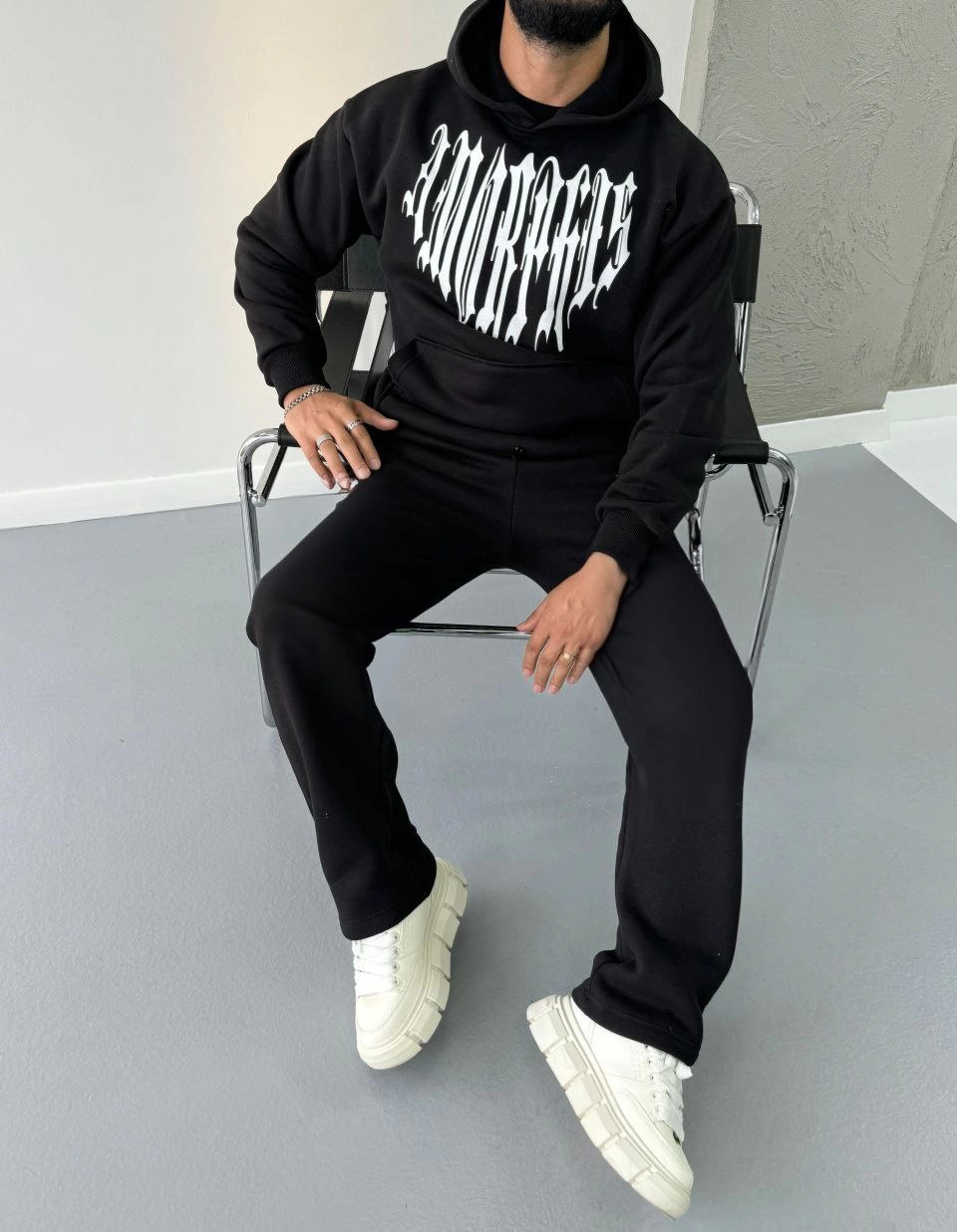 Erkek Kapüşonlu Kanguru Cepli Sweatshirt 3 İplik Pamuklu Baskılı Hoodie -  Siyah