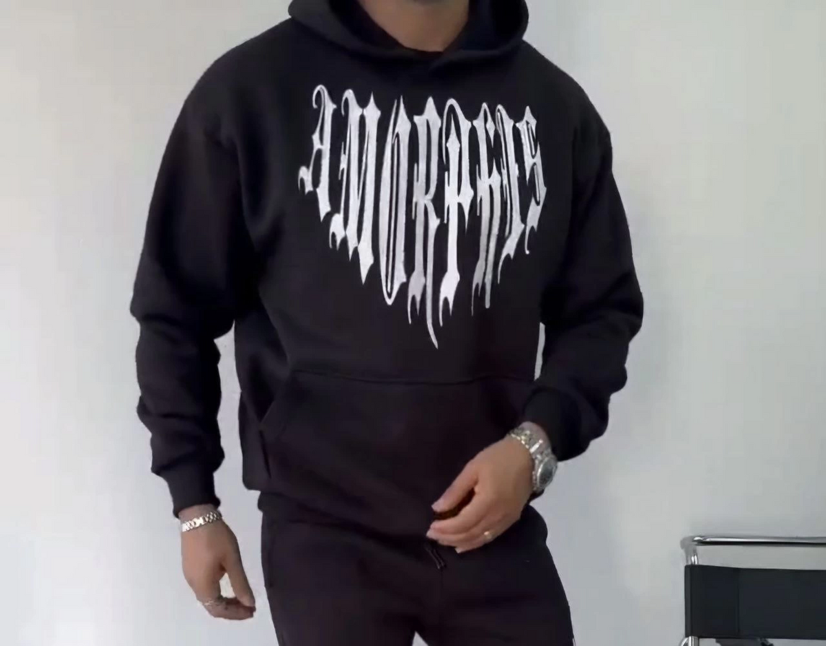 Erkek Kapüşonlu Kanguru Cepli Sweatshirt 3 İplik Pamuklu Baskılı Hoodie -  Siyah