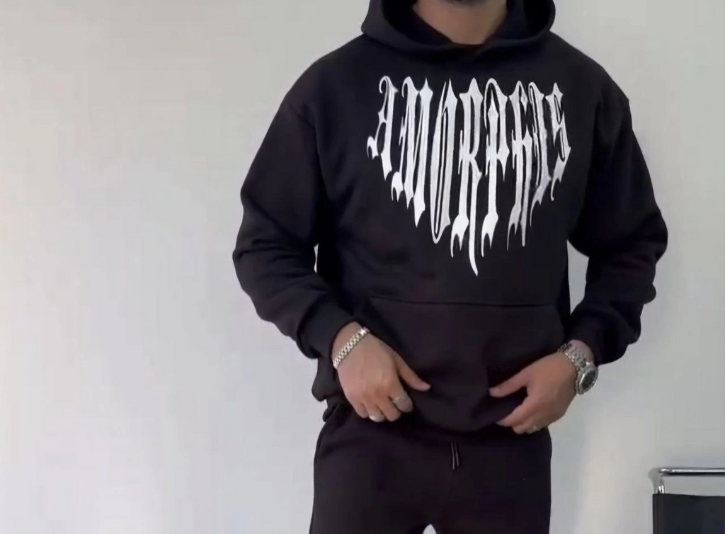 Erkek Kapüşonlu Kanguru Cepli Sweatshirt 3 İplik Pamuklu Baskılı Hoodie -  Siyah