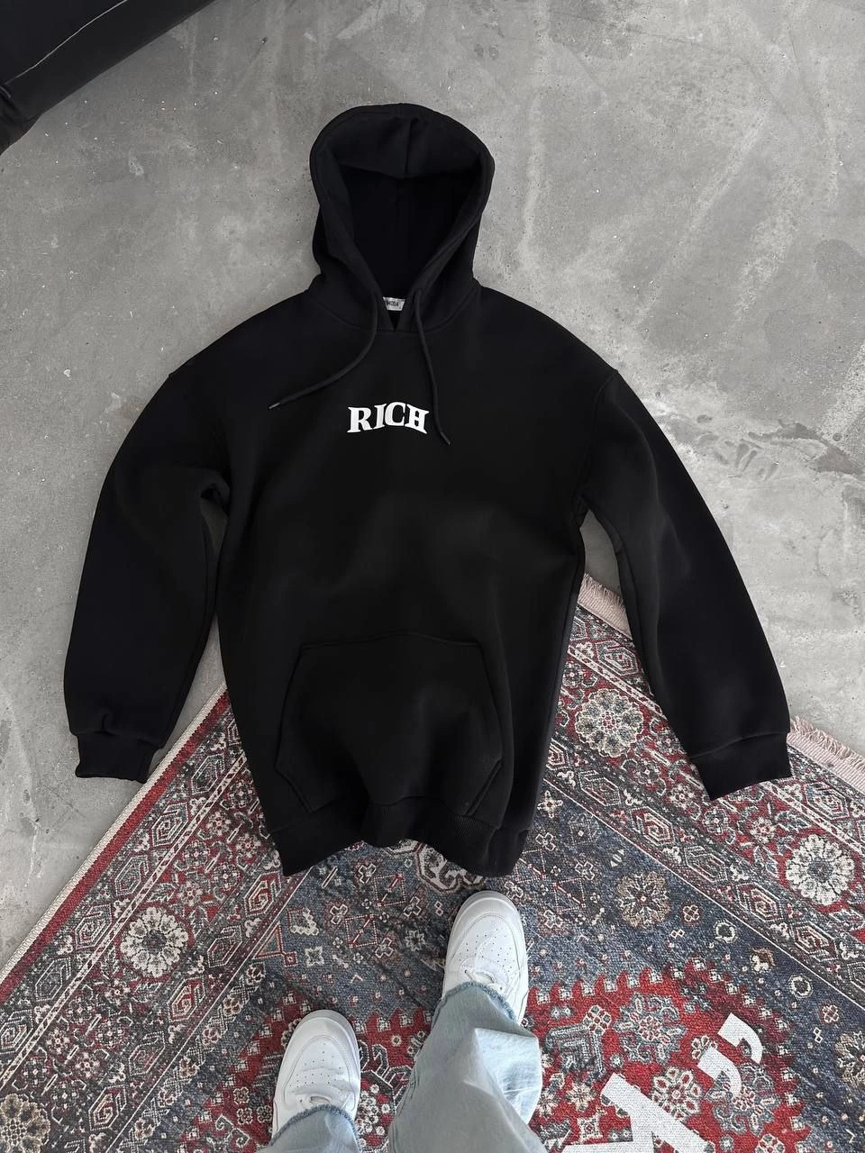 Erkek Kapüşonlu Kanguru Cepli Sweatshirt 3 İplik Pamuklu Baskılı Hoodie -  Siyah