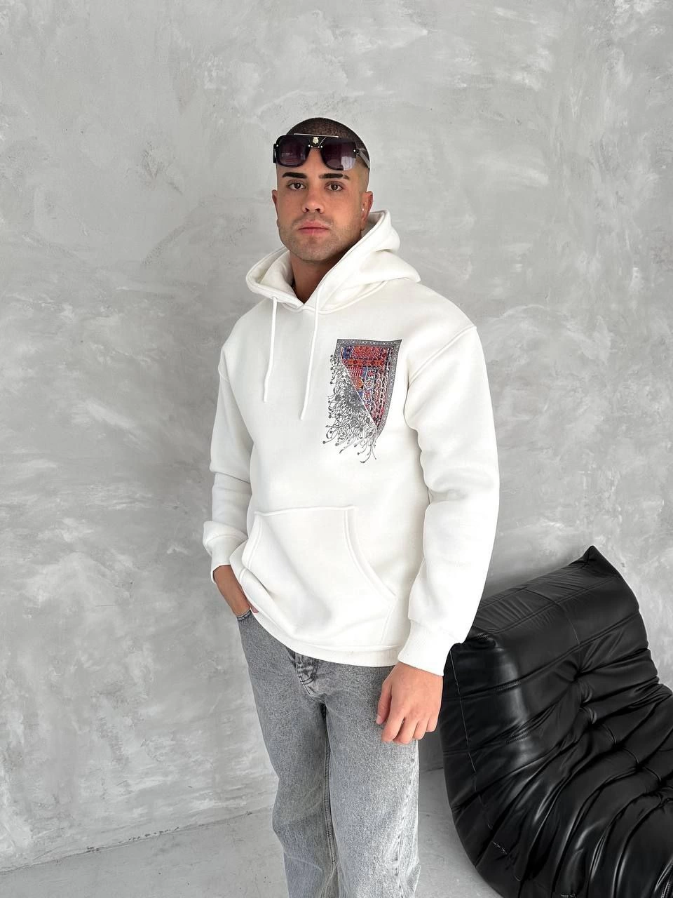 Erkek Kapüşonlu Kanguru Cepli Sweatshirt 3 İplik Pamuklu Baskılı Hoodie - Beyaz