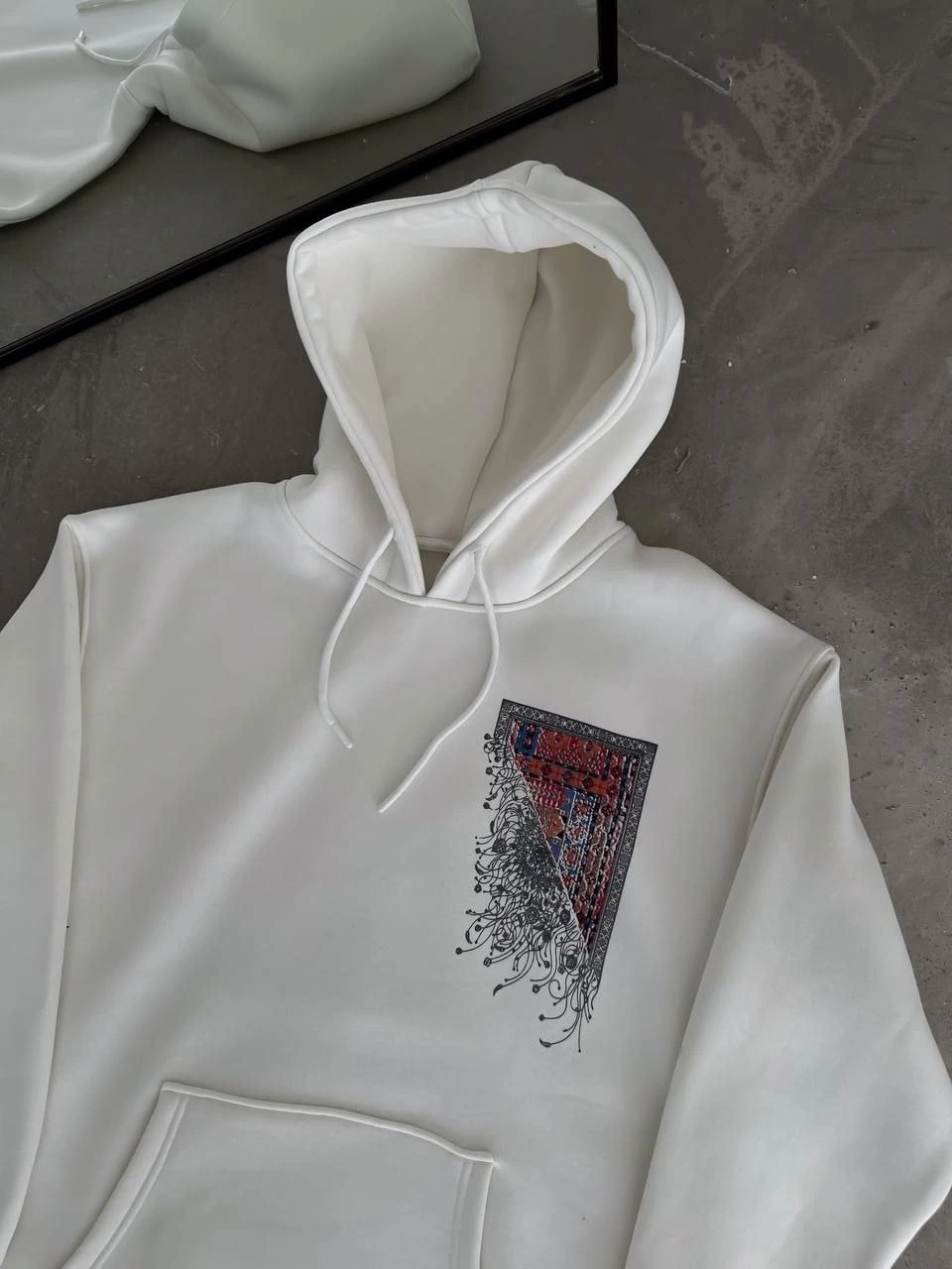 Erkek Kapüşonlu Kanguru Cepli Sweatshirt 3 İplik Pamuklu Baskılı Hoodie - Beyaz