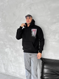 Erkek Kapüşonlu Kanguru Cepli Sweatshirt 3 İplik Pamuklu Baskılı Hoodie - Siyah