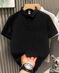Erkek Polo Yaka Tişört Düğmeli Pike Düz T-Shirt - Siyah