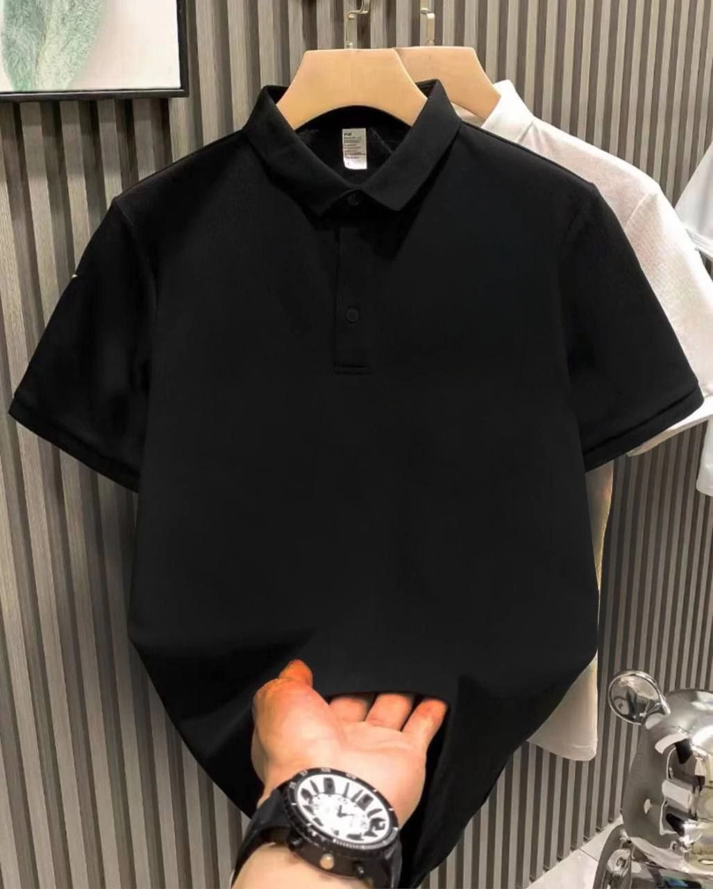 Erkek Polo Yaka Tişört Düğmeli Pike Düz T-Shirt - Siyah