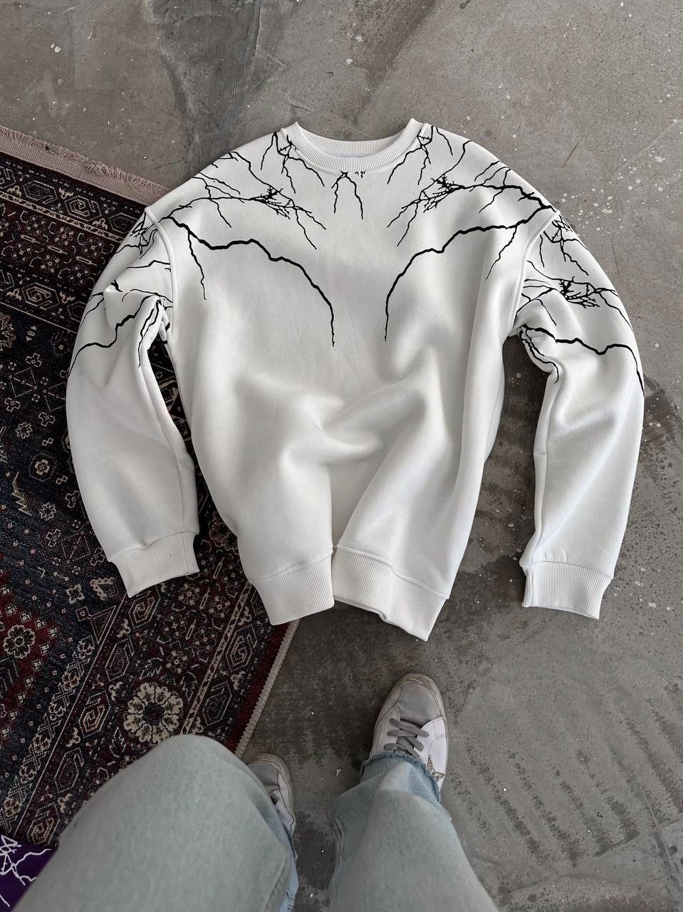 Kadın 3 iplik pamuklu Yıldırım Baskılı Bisiklet Yaka SweatShirt - Beyaz