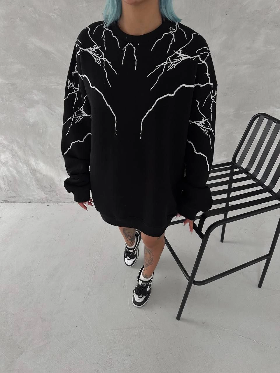 Kadın Yıldırım Baskılı Bisiklet Yaka 3 iplik pamuklu SweatShirt - Siyah