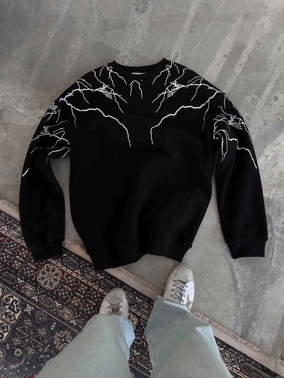 Erkek 3 iplik pamuklu Yıldırım Baskılı Bisiklet Yaka SweatShirt - Siyah